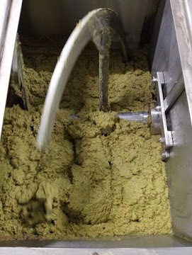 Pasta di olive nella gramola durante la lavorazione